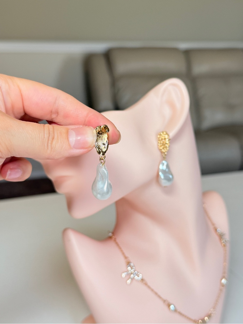 Gold Teardrop Pearl Pendant Earrings - Elegant Women's Jewelry - Picture 6 of 10
